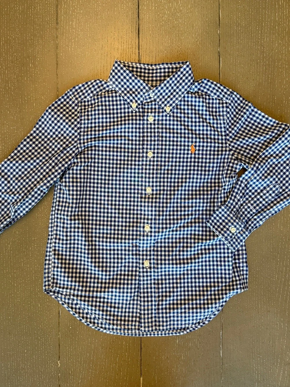 Ralph Lauren Boys’ Navy Checkered Plaid Long-Sleeve Polo Button Up • Size 5 (XS)